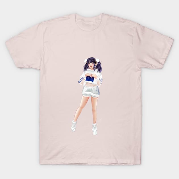 Cute Girl in Milk Outfit Illustration Pink BG T-Shirt by Nekoyukki